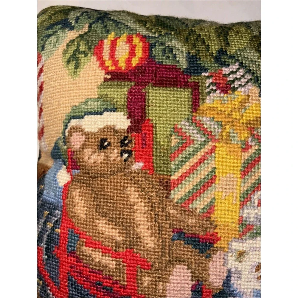 Vintage Crewel Teddy Bear Kitten Christmas Pillow 13” X 13” Removable Cover
